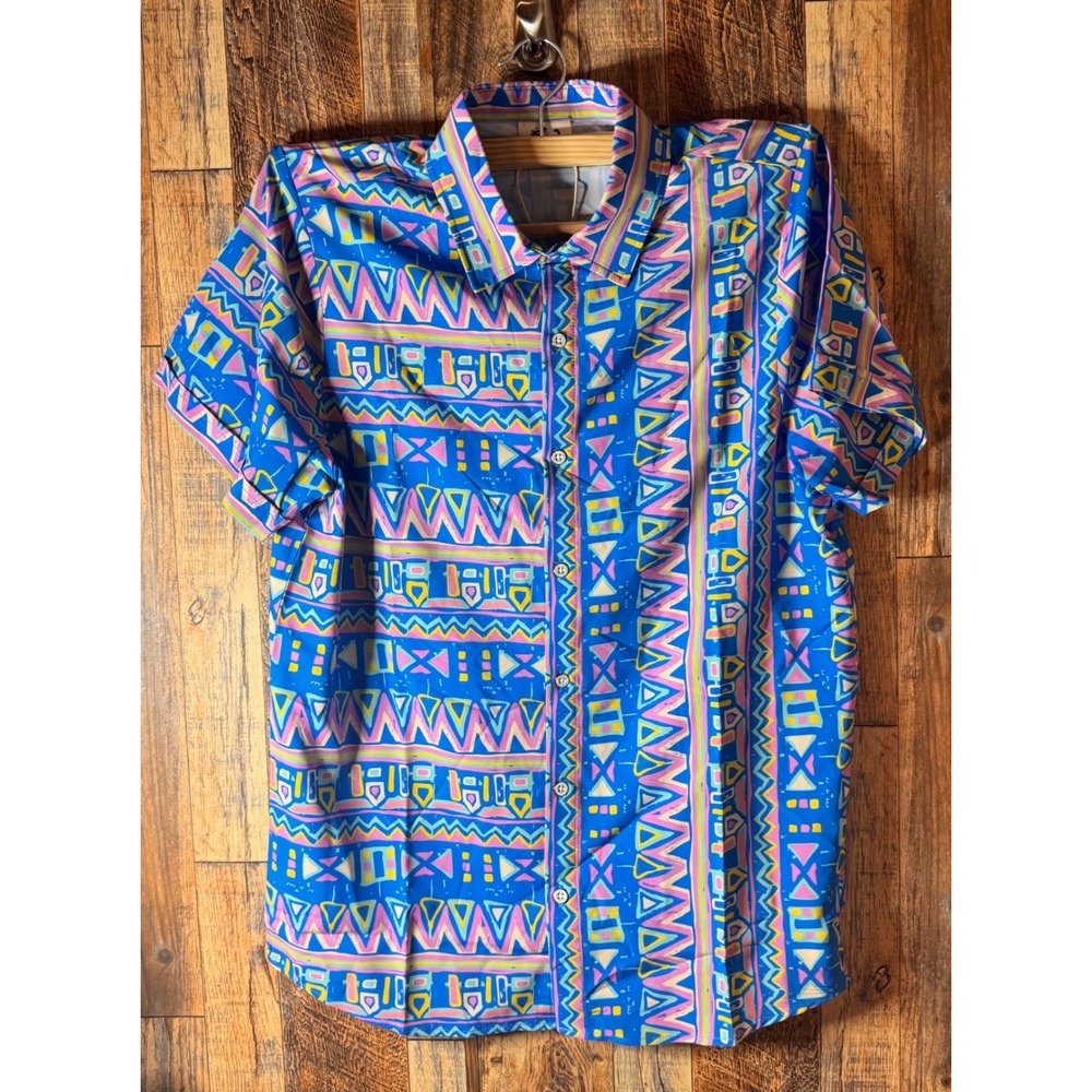 Surf Cuz Men's Geometric Pop Print Short Sleeve Button‎ Down Shirt